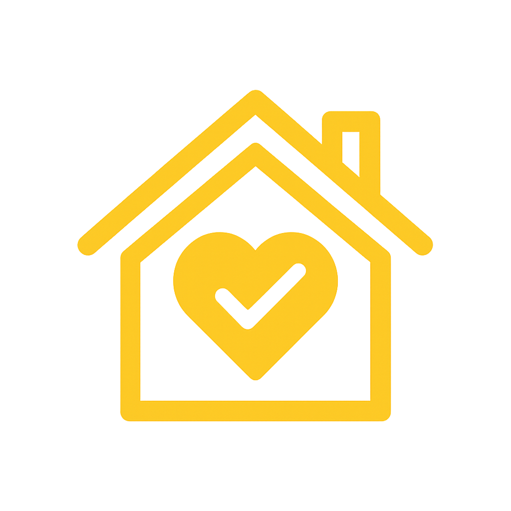 Home icon with a heart and checkmark inside.
