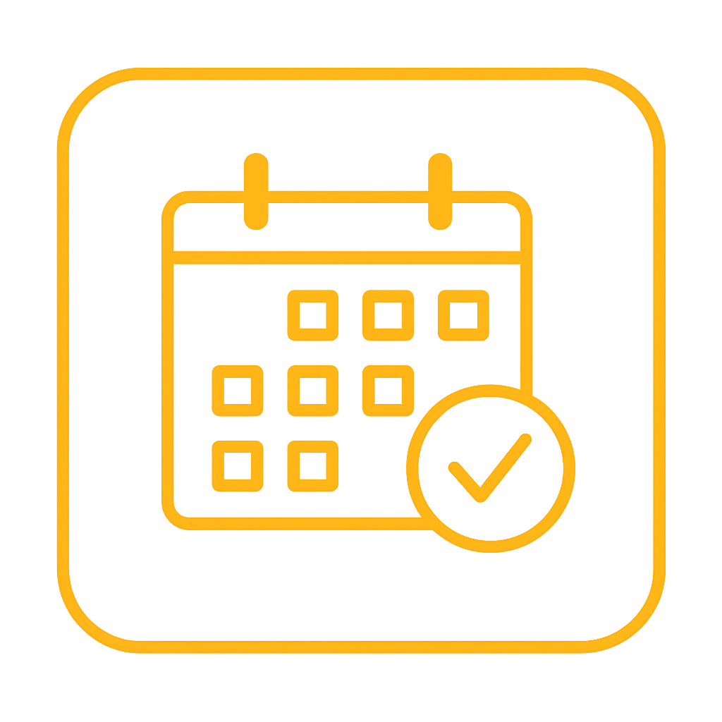 Calendar icon with checkmark.