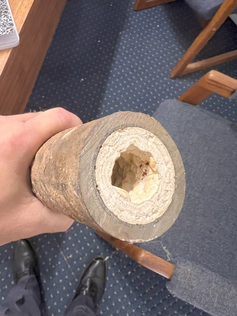 Cross-section of a pipe showing heavy mineral buildup.
