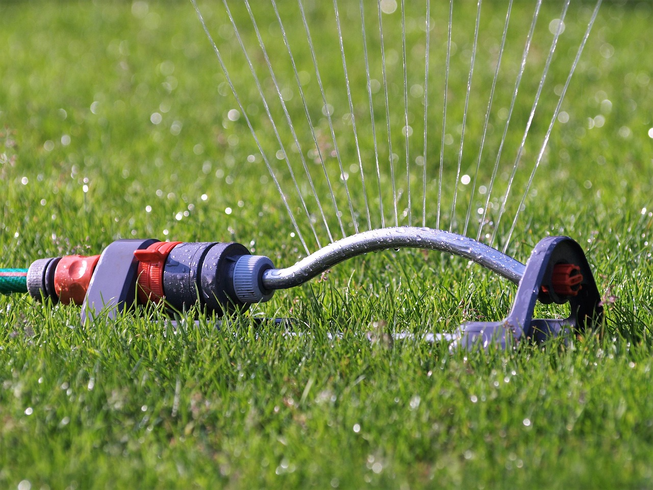 Sprinkler watering a lawn to encourage readers to consider summer plumbing issues.