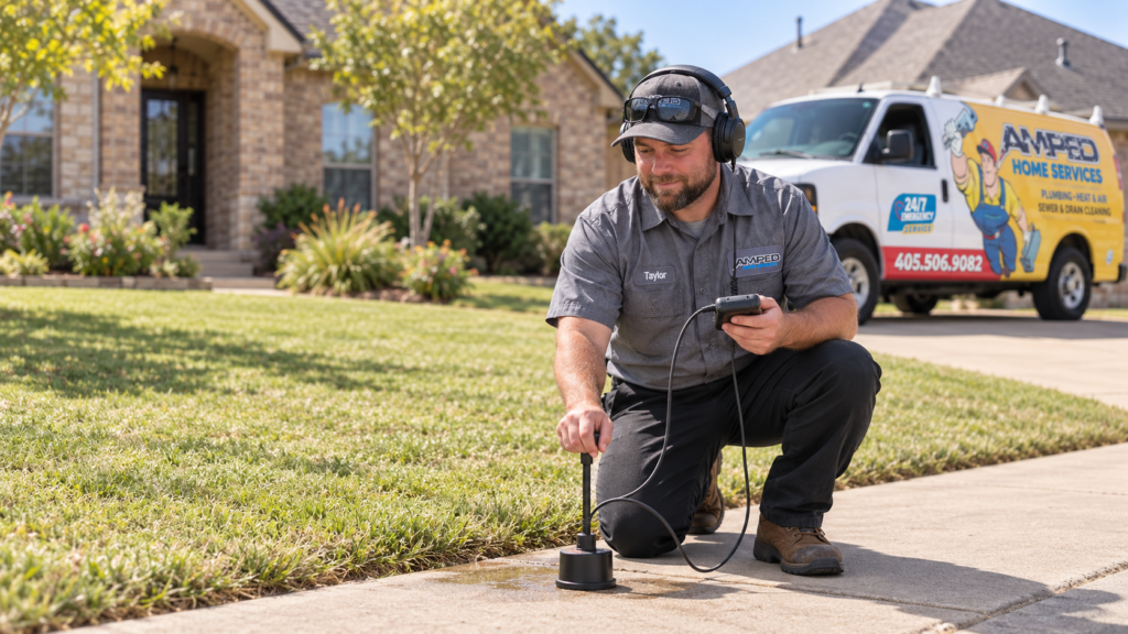 Technician using leak-detection equipment beside an Amped service van