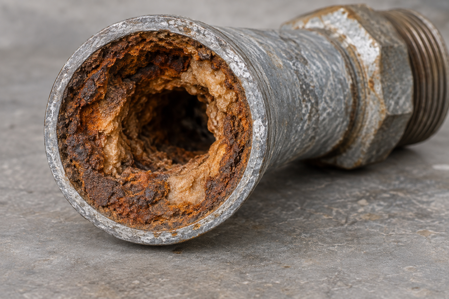 AI illustration of rust and deposits narrowing a galvanized water pipe