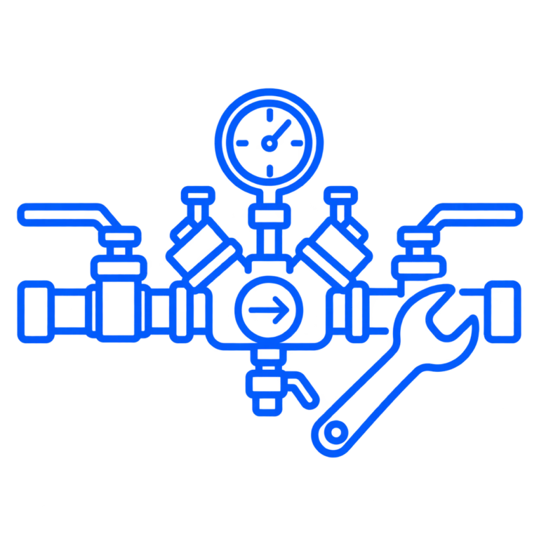 Backflow preventer repair icon with valves, pressure gauge, and wrench