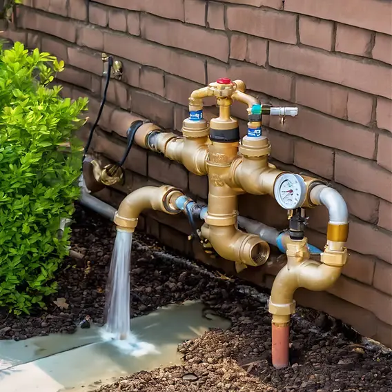 Outdoor backflow preventer with pressure gauge and water discharging from the assembly