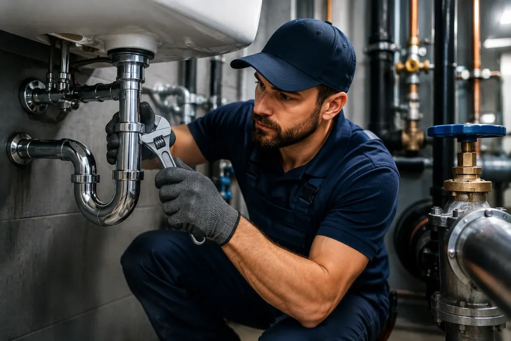 Technician repairing a commercial sink drain connection with a wrench