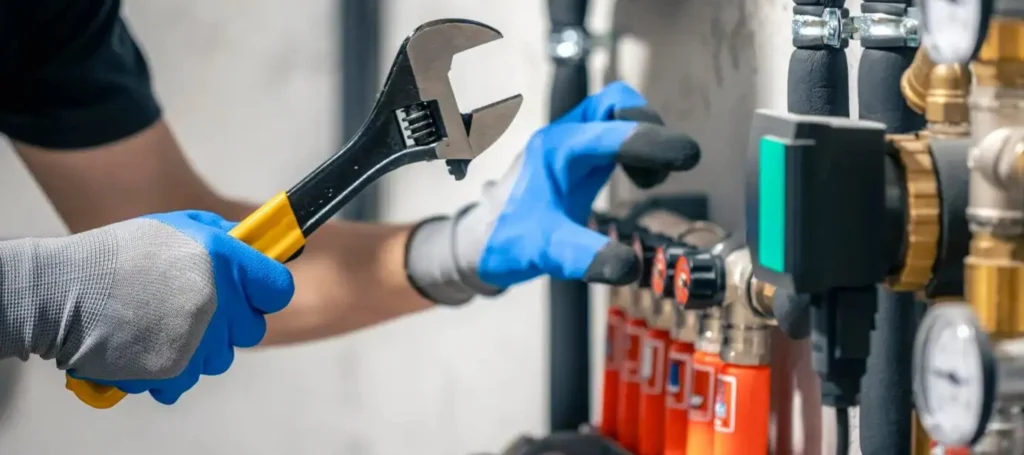 Technician servicing commercial plumbing valves and mechanical system components