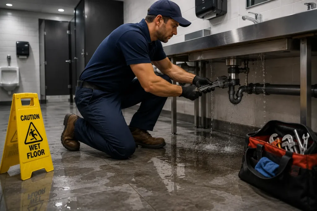 Technician repairing a leaking drain pipe beneath a commercial restroom sink