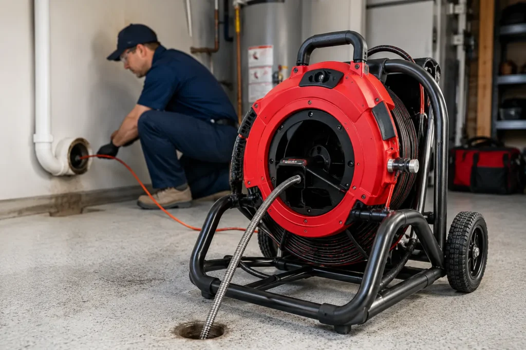 Plumbing technician using a drain cleaning machine to clear a blocked drain line