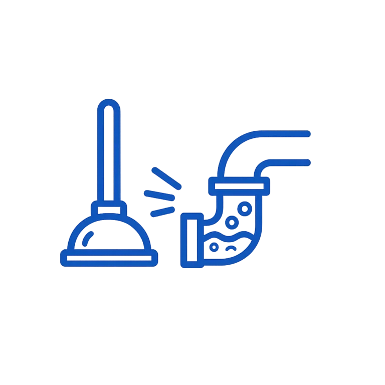 Drain cleaning icon showing a plunger and clogged drain pipe