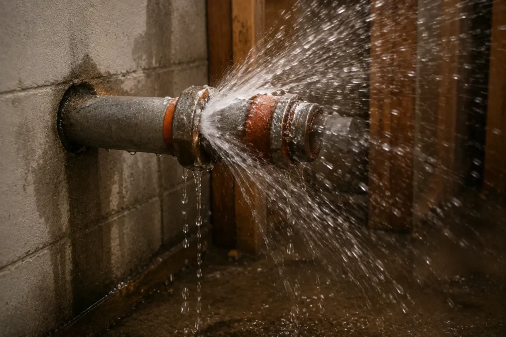 Water spraying from a broken pipe connection during a plumbing emergency