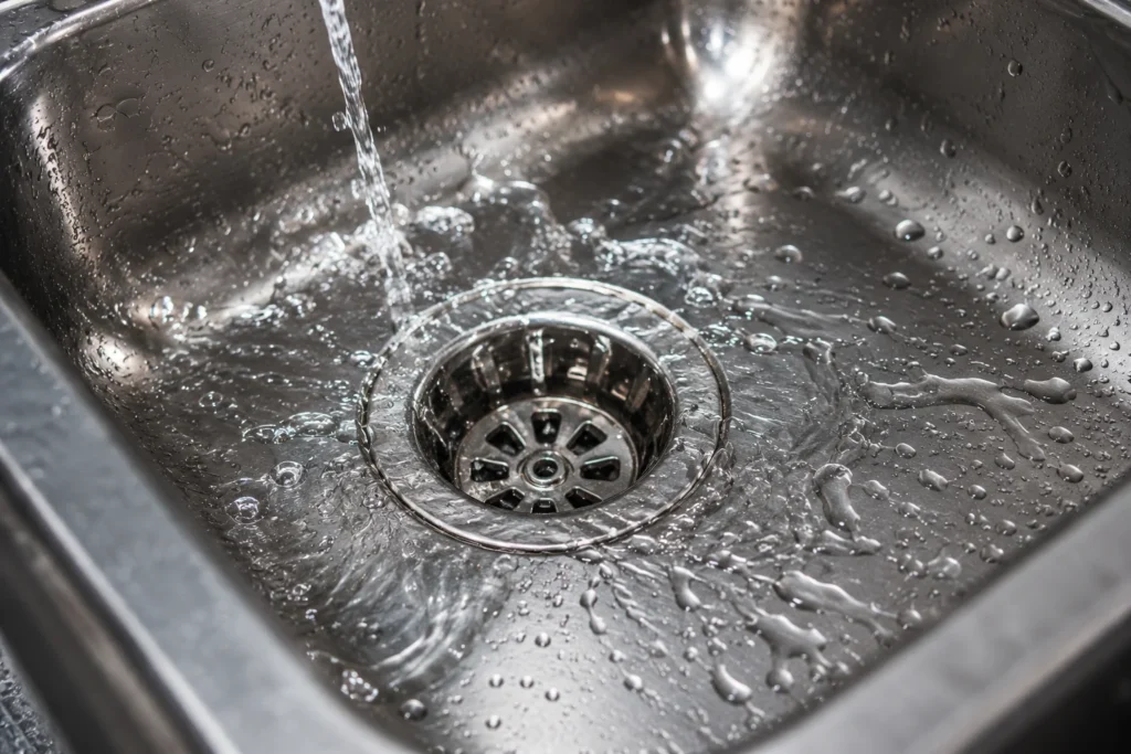 Water flowing into a stainless steel kitchen sink drain