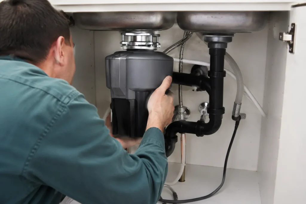 Technician installing a garbage disposal beneath a kitchen sink