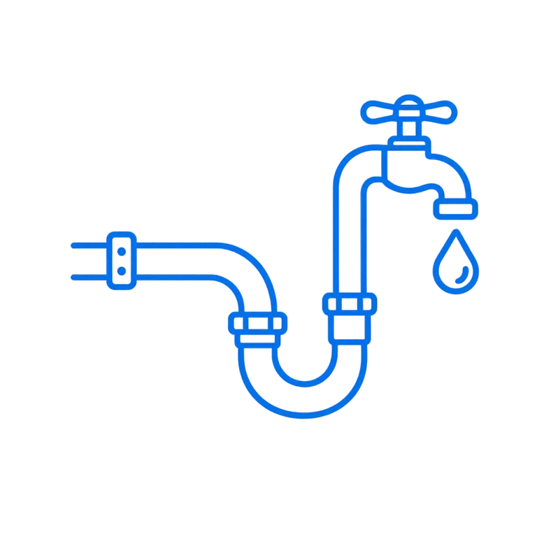 Plumbing services icon with connected pipes, faucet, and water droplet