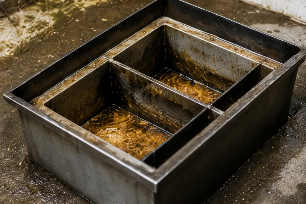 Commercial grease trap with grease and food residue buildup