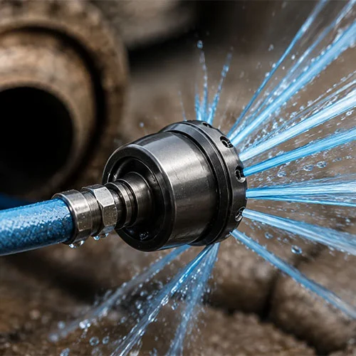 Hydro jetting nozzle spraying high-pressure water inside a drain pipe