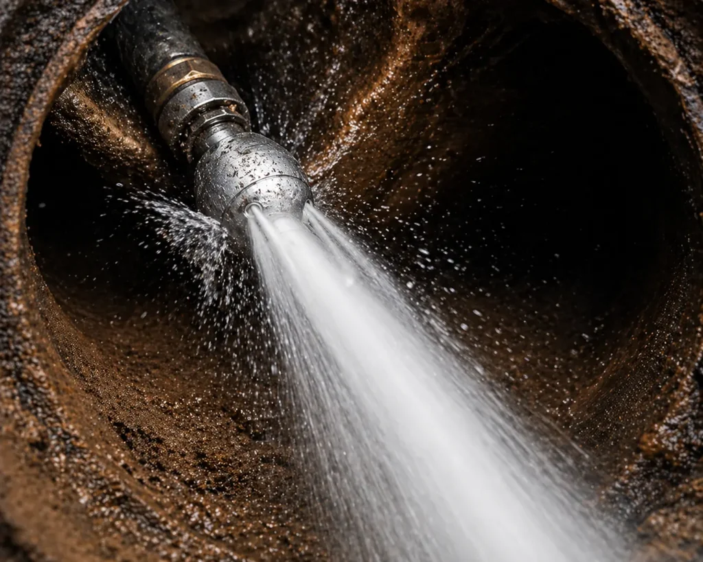 Hydro jetting nozzle cleaning heavy buildup inside a sewer pipe