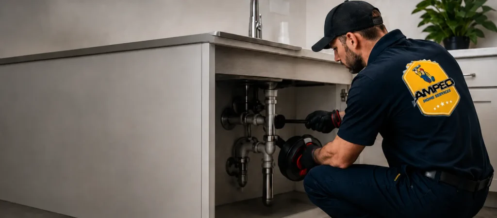 Amped Home Services technician clearing a clogged kitchen sink drain