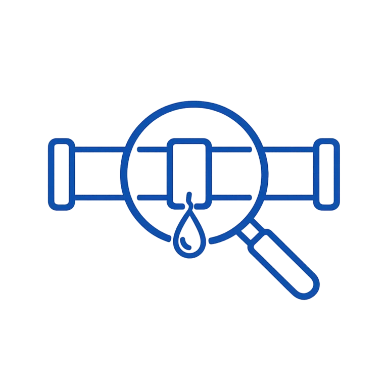 Leak detection icon showing a magnifying glass inspecting a leaking pipe
