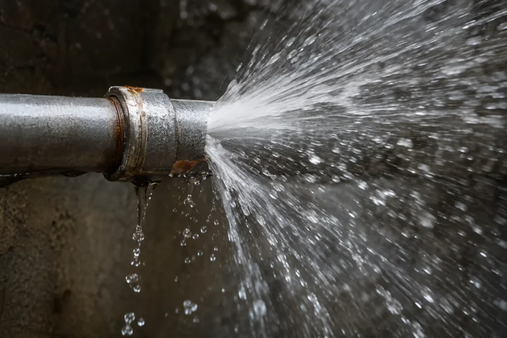 Water spraying from a leaking metal pipe connection
