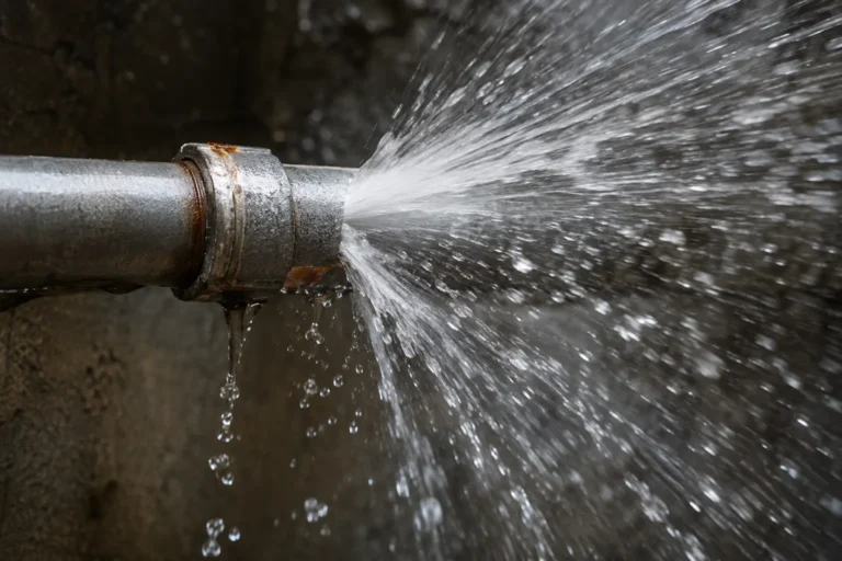 Water spraying from a leaking metal pipe connection