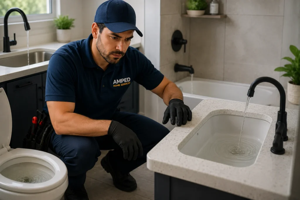 Amped Home Services technician inspecting multiple fixtures with slow drainage