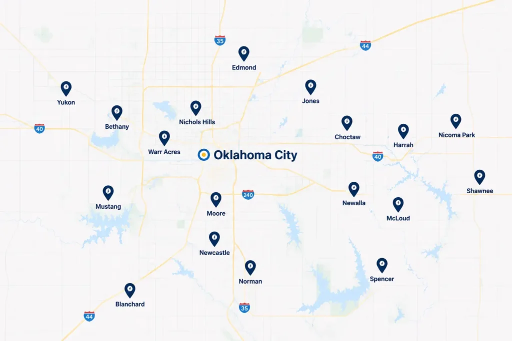 Map of Amped Home Services service areas across Oklahoma City and surrounding communities