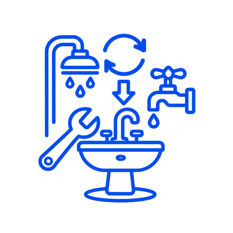 Plumbing fixture installation icon with shower, faucet, sink, arrows, and wrench