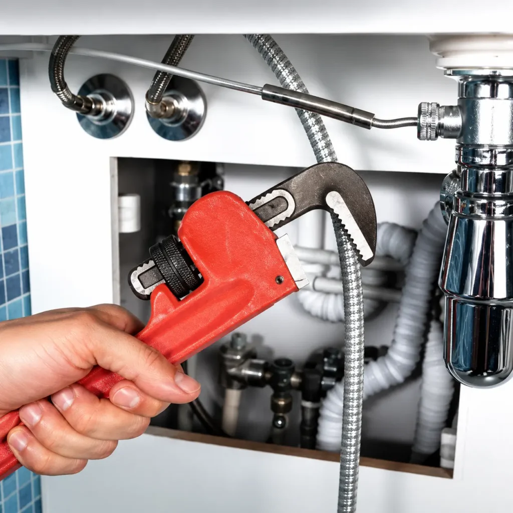 Technician repairing plumbing connections beneath a sink with a pipe wrench