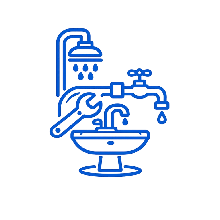 Plumbing fixture service icon with shower, faucet, sink, and wrench