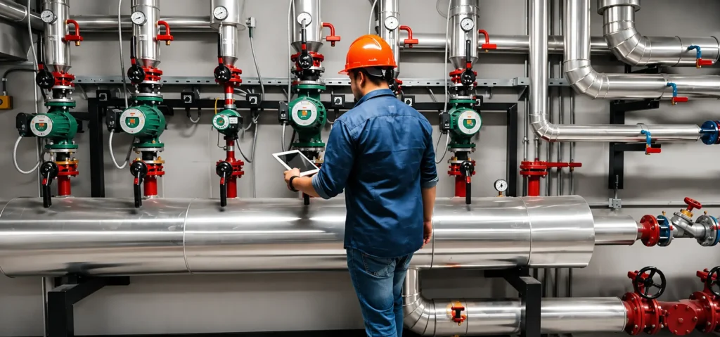 Technician inspecting commercial plumbing pumps, valves, gauges, and piping