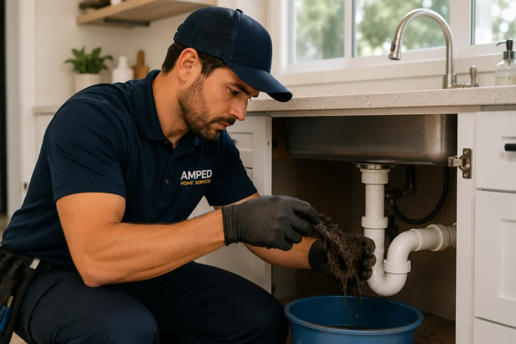 Amped Home Services technician removing debris from a clogged kitchen sink drain