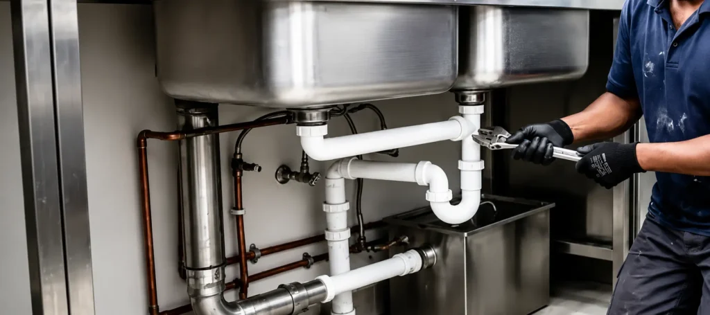 Technician servicing plumbing beneath a commercial restaurant kitchen sink