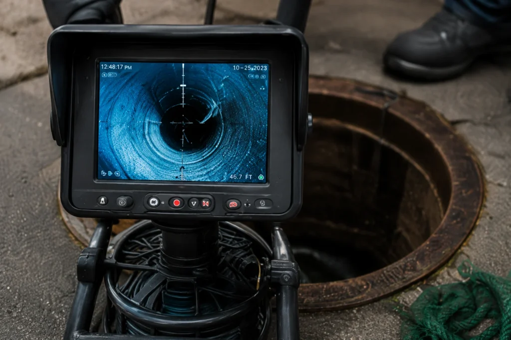 Sewer camera inspection monitor showing the inside of a sewer pipe