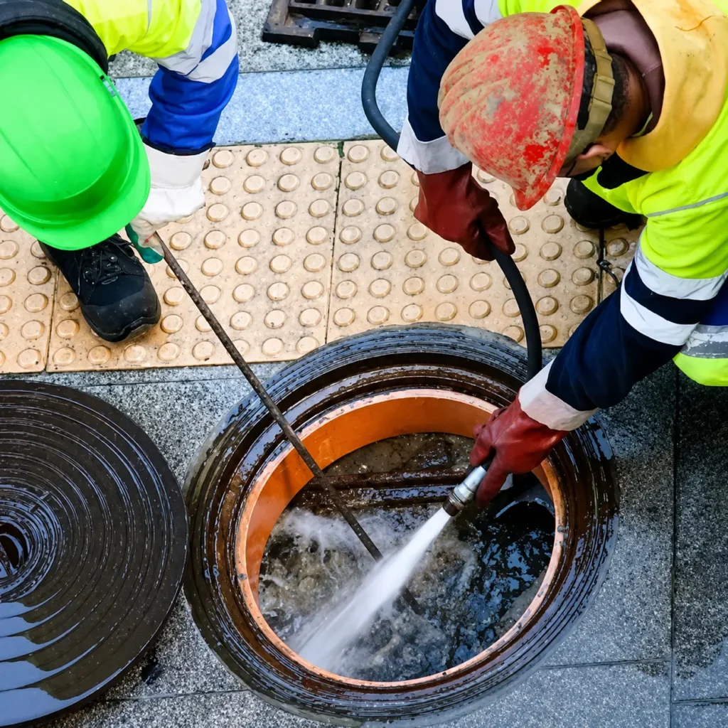 Technicians using high-pressure water jetting to clean an underground sewer line
