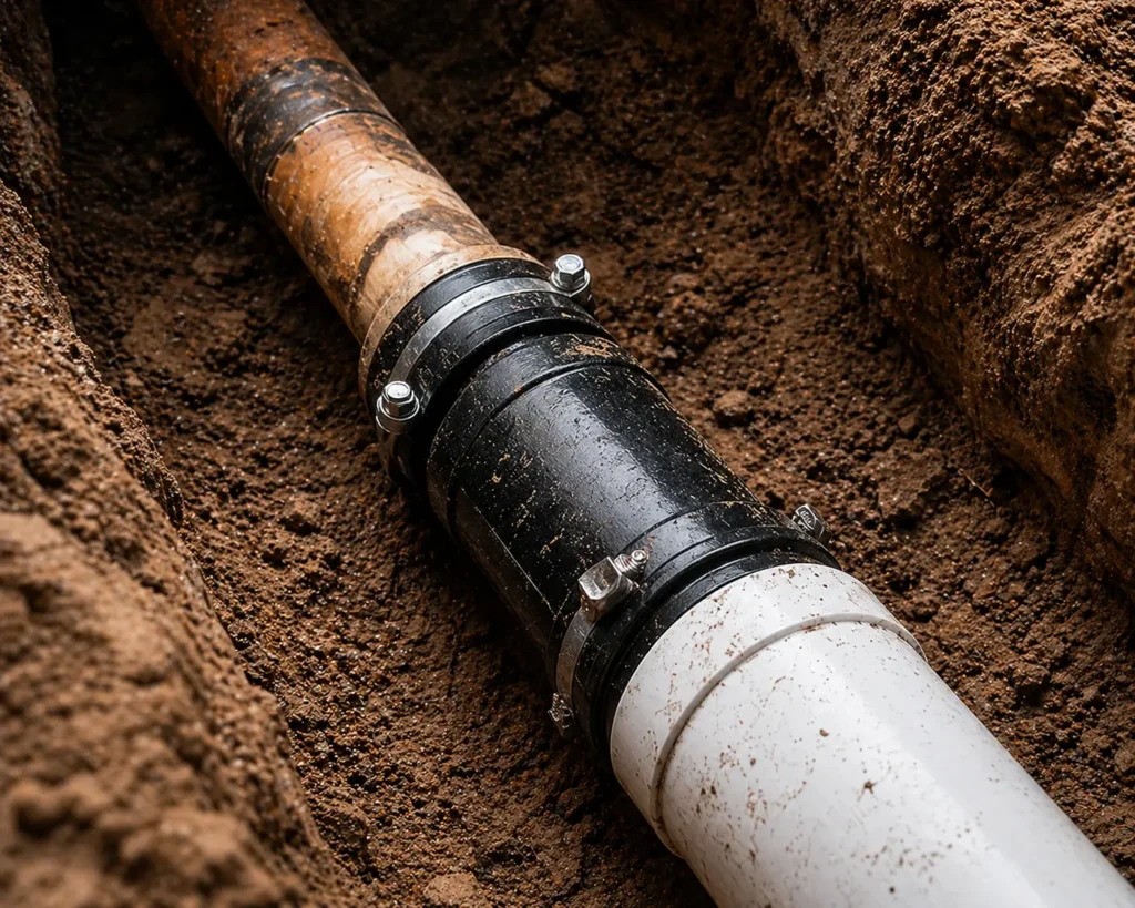 Underground sewer pipe repaired with a coupling in an excavated trench