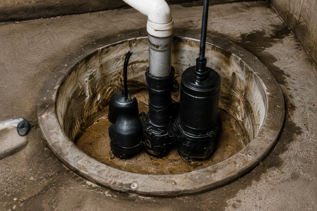 Sump pump and drainage equipment installed inside a sump pit