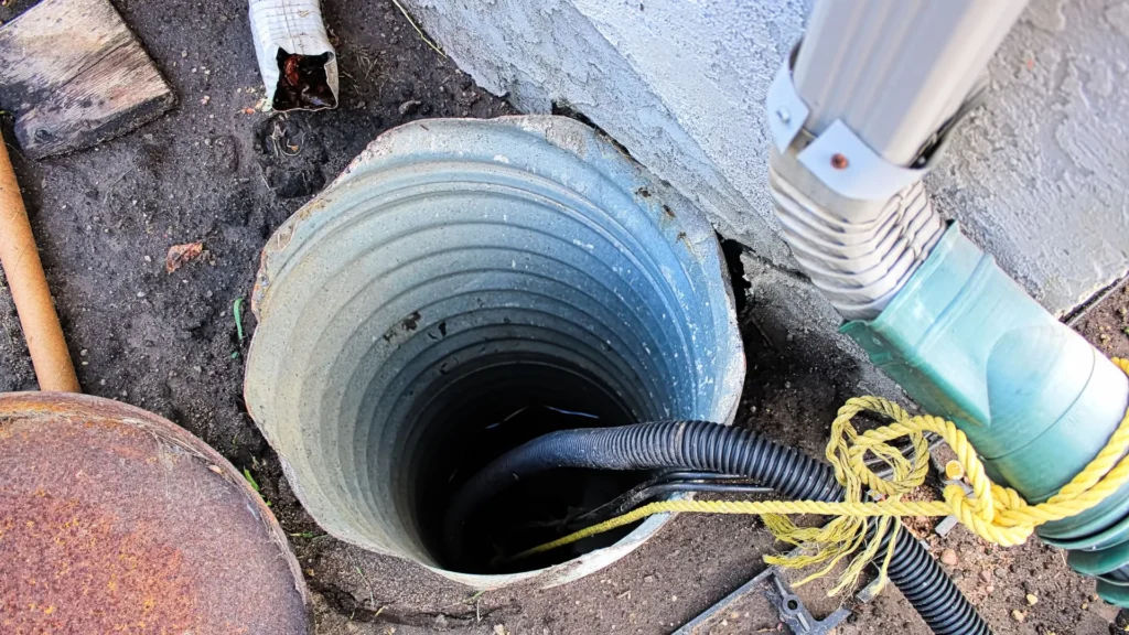 Sump pump and drainage equipment installed in an exterior sump pit