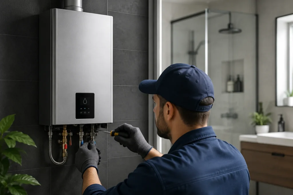 Technician servicing a wall-mounted tankless water heater