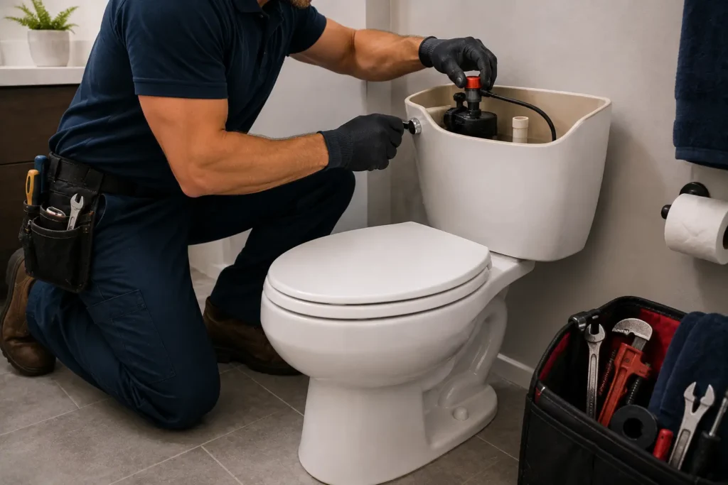 Technician repairing components inside a residential toilet tank