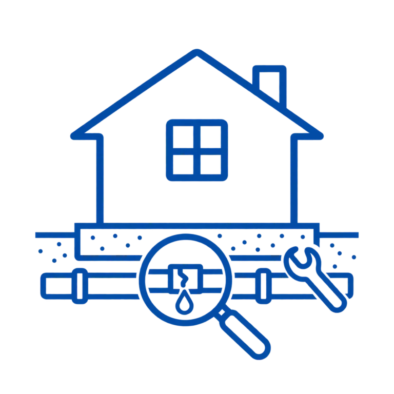 Underground plumbing leak repair icon with home, leaking pipe, magnifying glass, and wrench