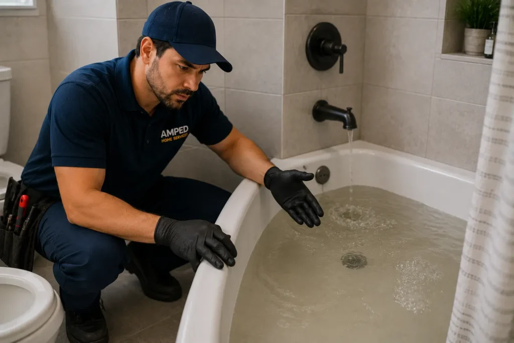 Amped Home Services technician inspecting water backing up in a bathtub