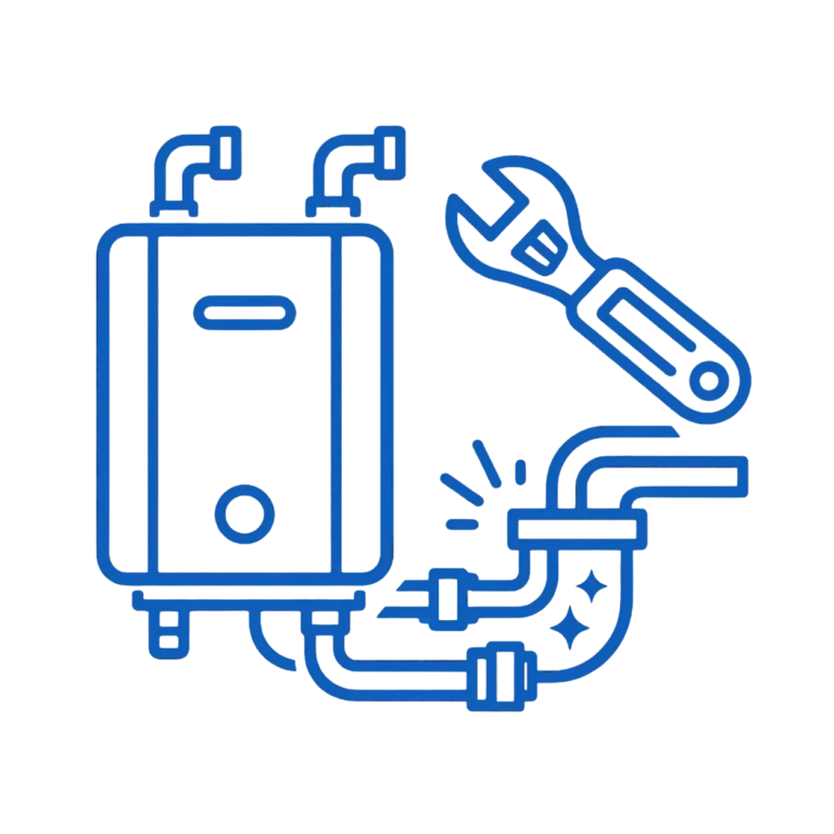 Water heater repair icon with plumbing pipes and wrench