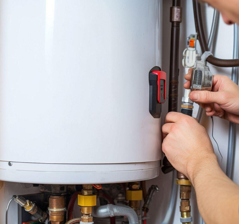 Technician inspecting and repairing a residential water heater