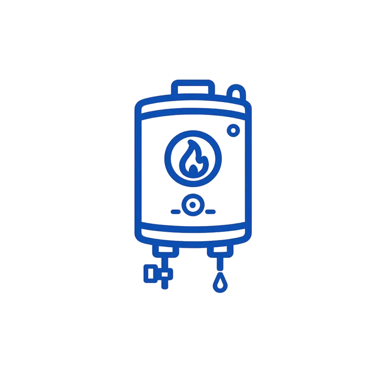 Water heater icon with flame symbol, valve, and water droplet