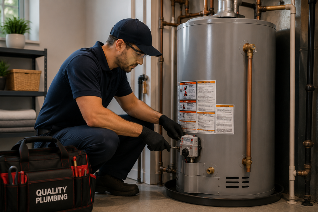 Technician performing maintenance on a residential tank water heater