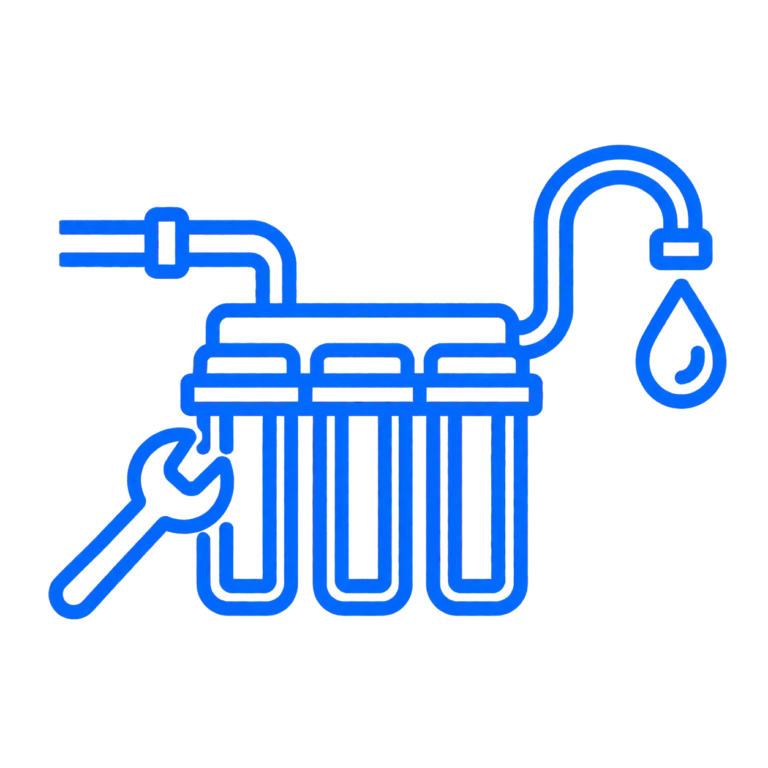 Water softener maintenance icon with filter cartridges, faucet, water droplet, and wrench
