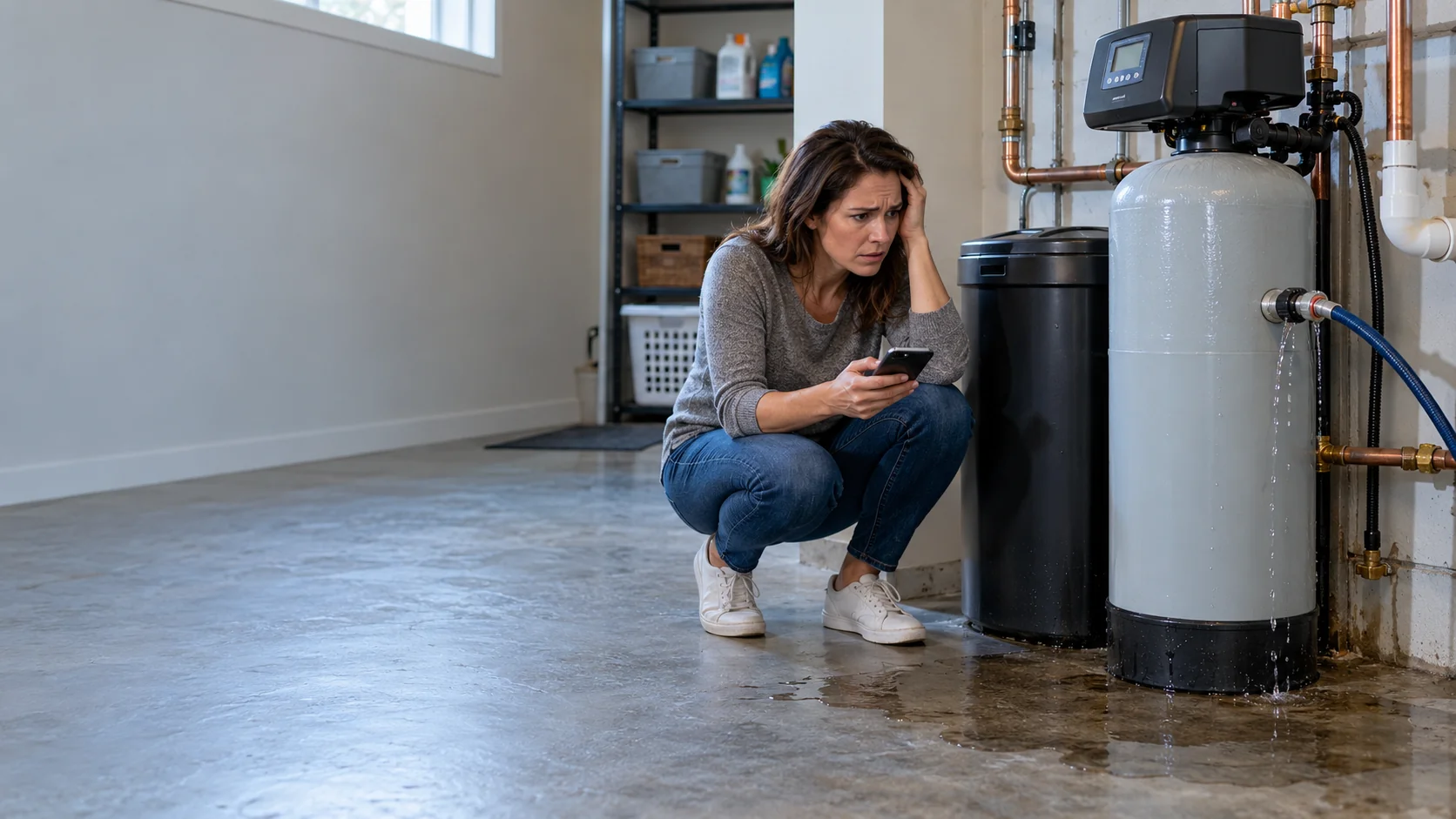 Illustration of a woman beside a leaking water softener with water pooling on the floor.