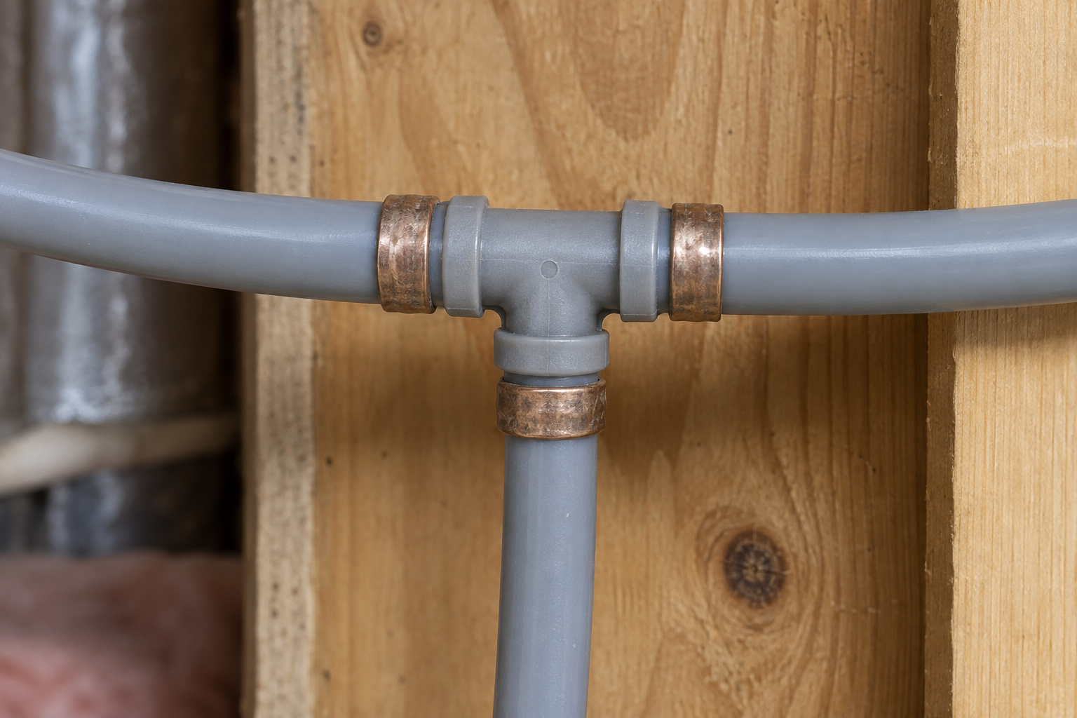 AI illustration of gray polybutylene supply tubing and a tee connection