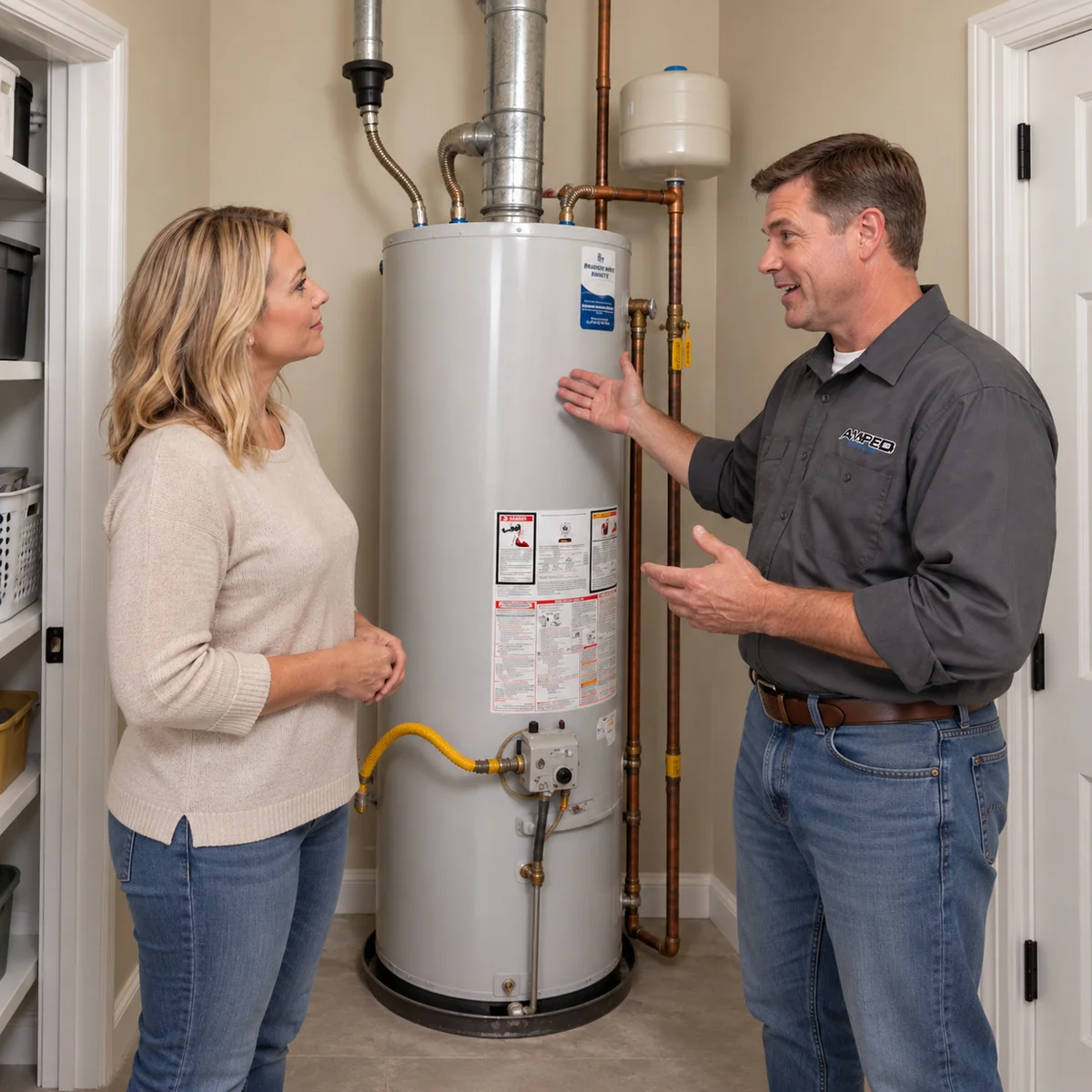 A technician discussing a tank water heater with a homeowner