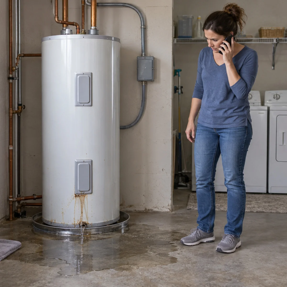 Illustration of a homeowner calling for help beside a leaking water heater